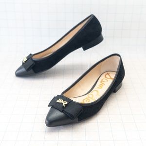 Sam Edelman Lizzy Pointed Toe Bow Flats - Black Leather and Suede - Size 7
